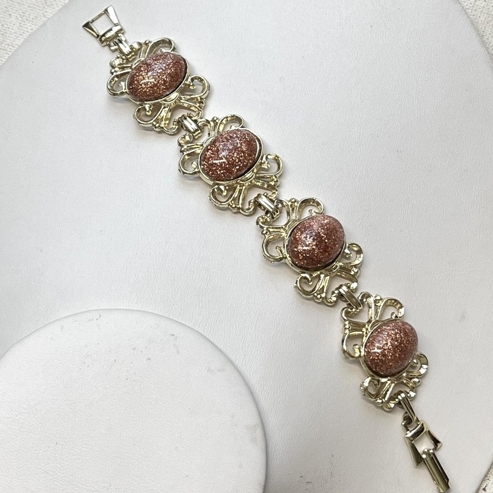 Vintage Copper Glitter Plastic Cabochon Filigree Gold Tone Panel Bracelet 6.75"